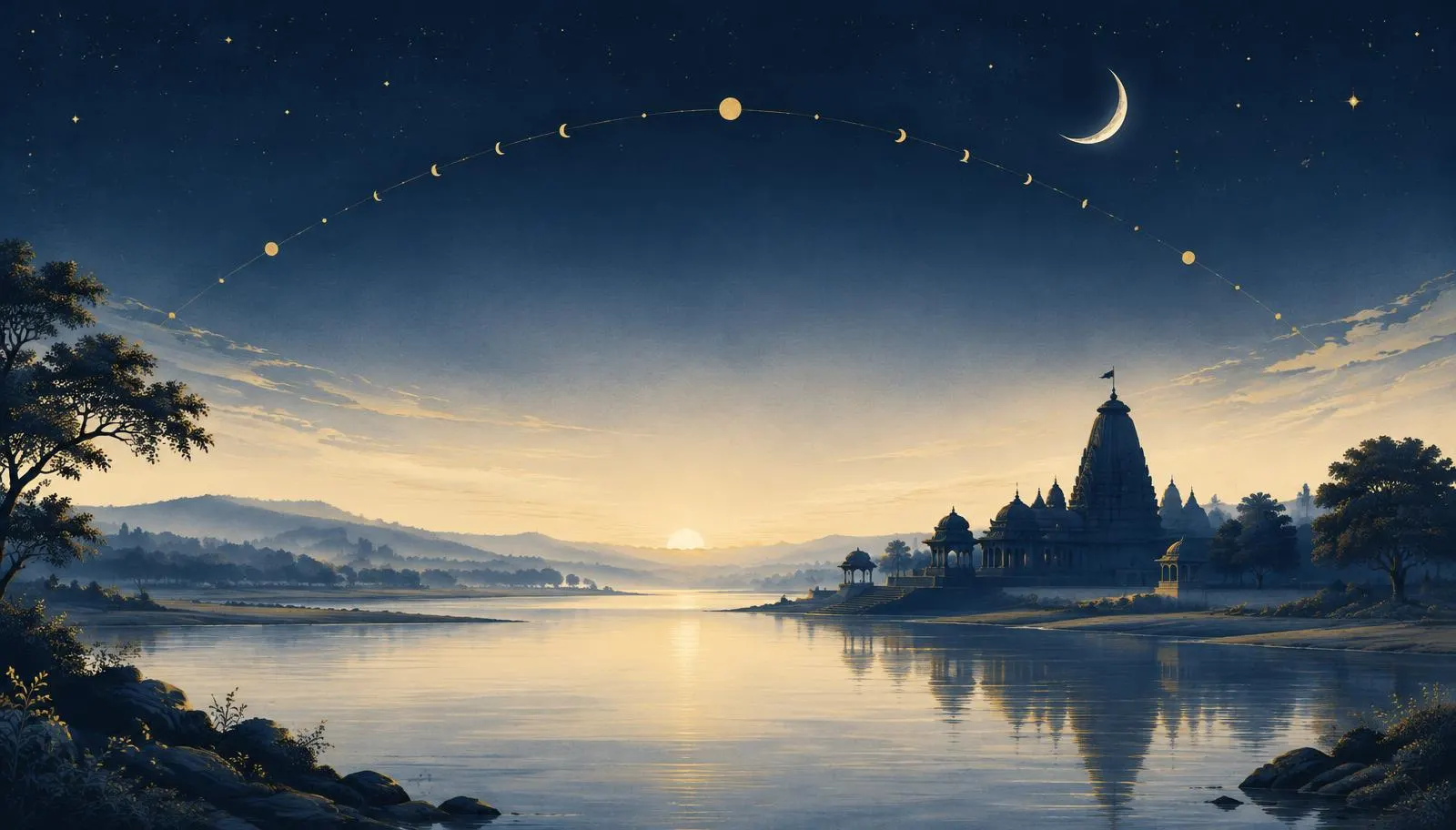 Paysage indien à l'aube, temple au bord d'un fleuve sous la course de la Lune